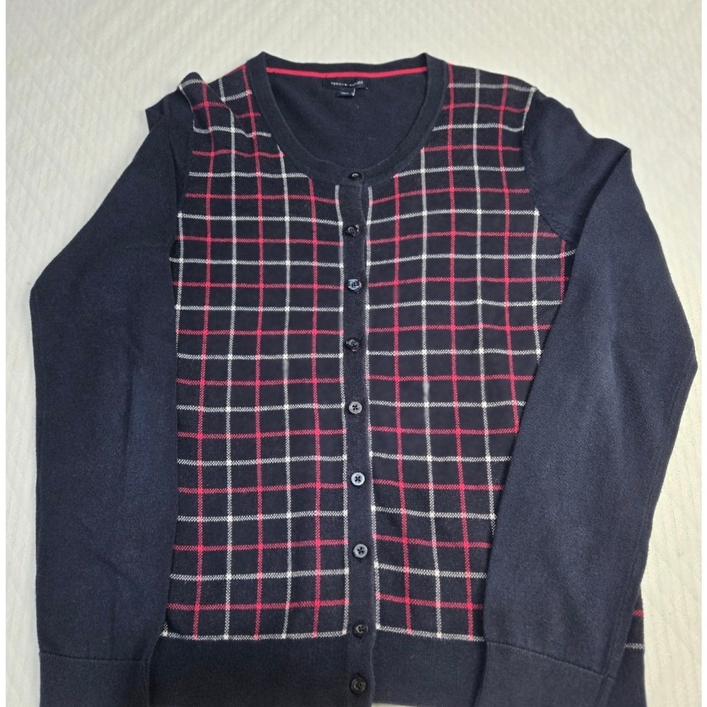 Tommy Hilfiger Navy and Red Checkered Cardigan Size Medium #166